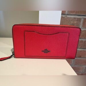 Coach Red Textured Leather Zip Wallet with Metal Logo
